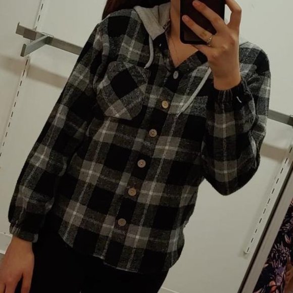 BUTTON Shirts Hoodie Plaid Flannel Long Sleeve- Purple plaid - Picture 4 of 4